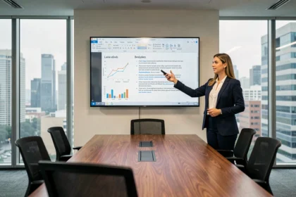 Femme professionnelle présentant une présentation PowerPoint sur grand écran dans une salle de réunion moderne