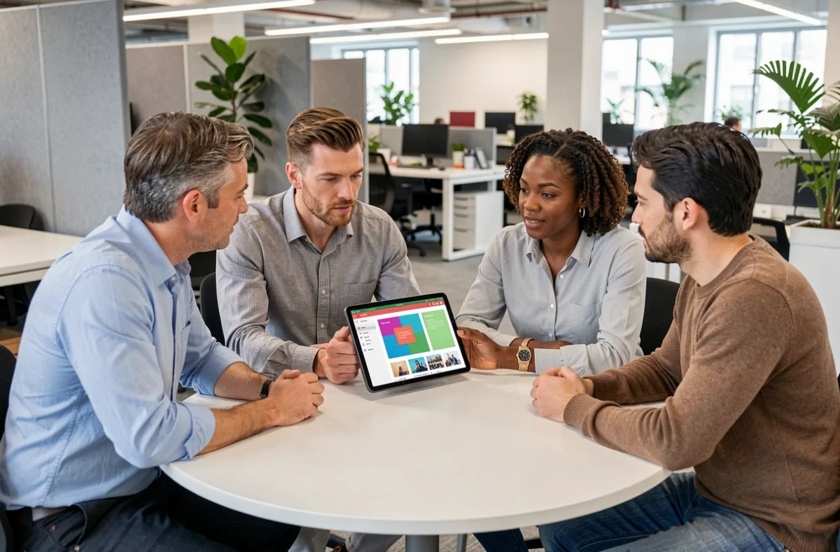 Équipe de collègues collaborant sur un logiciel de présentation Canva autour d'une tablette en open space