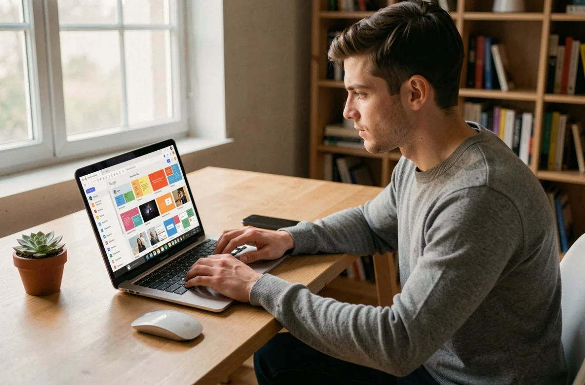 Jeune homme travaillant sur un logiciel de présentation Google Slides depuis un bureau à domicile
