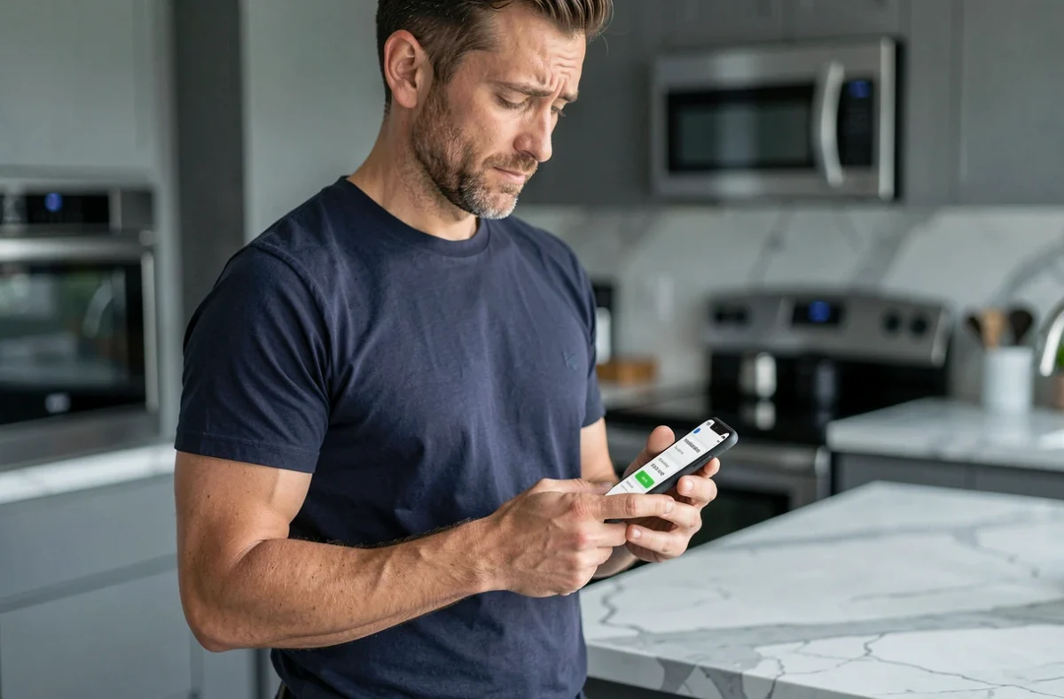Homme vérifiant les options d'abonnement de l'application Lyynk sur son smartphone dans une cuisine moderne