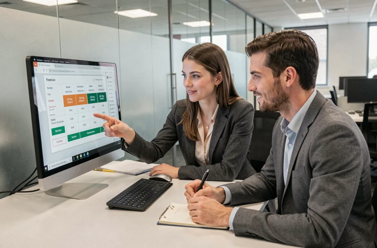 Deux collègues en réunion comparant les formules payantes et gratuites de Lyynk sur un écran de bureau