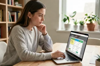 Jeune femme consultant une page de tarification sur son ordinateur portable pour savoir si Lyynk est payant