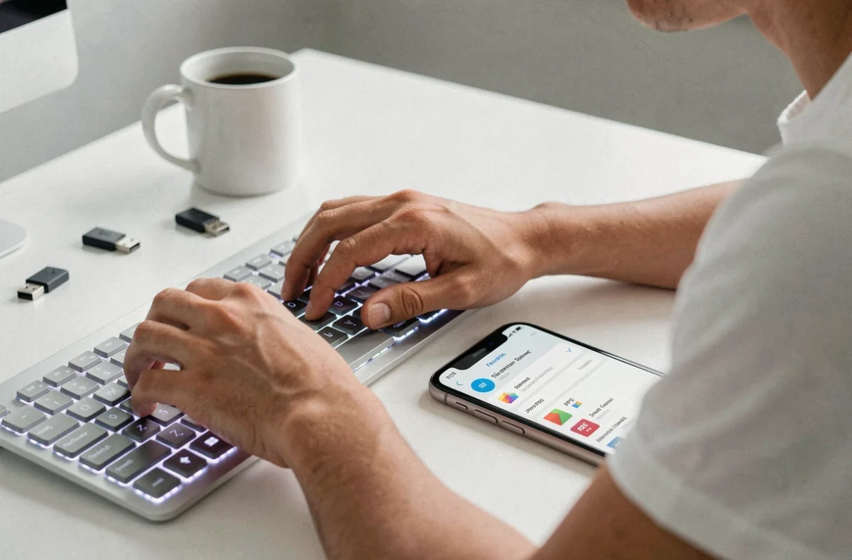 Mains tapant sur un clavier pour convertir un fichier via une application mobile sur smartphone