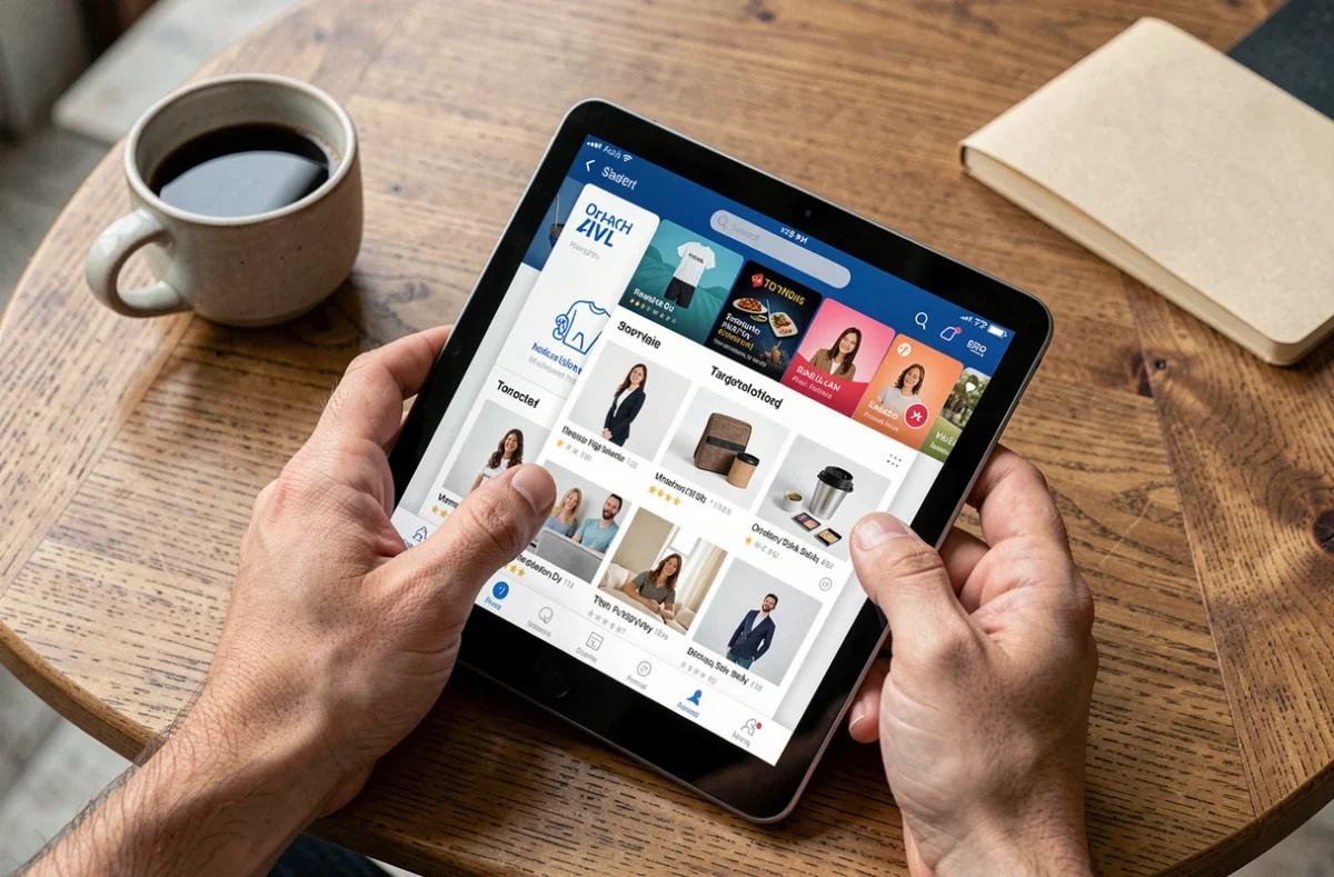 Mains tenant une tablette affichant des publicités personnalisées dans une application de shopping