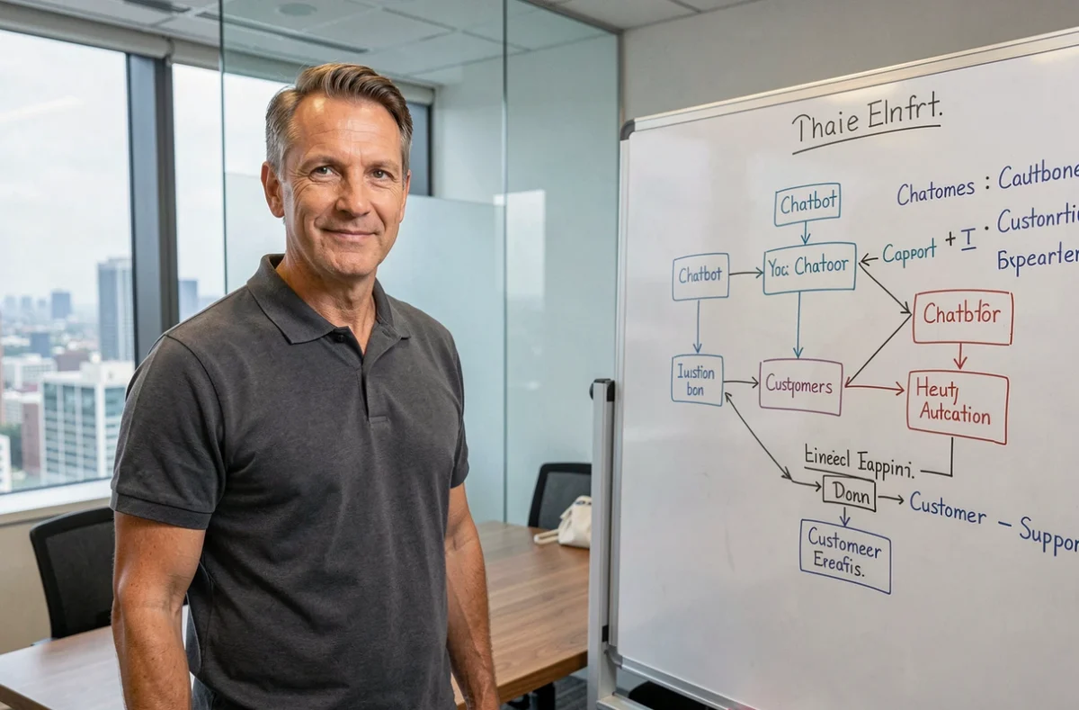 Un manager informatique présentant un diagramme de flux d'automatisation par chatbot pour optimiser le service client