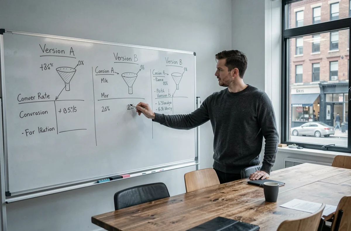 Marketeur présentant des résultats d'A/B testing sur un tableau blanc avec des graphiques de taux de conversion dans une salle de réunion de startup
