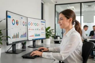 Une professionnelle analysant des tableaux de bord de marketing basé sur l'intelligence artificielle dans un bureau moderne
