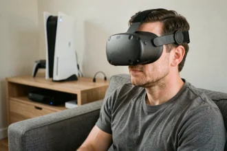 Homme portant le casque Meta Quest Pro assis devant une PS5 dans un salon moderne