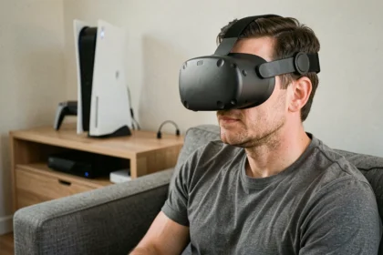 Homme portant le casque Meta Quest Pro assis devant une PS5 dans un salon moderne
