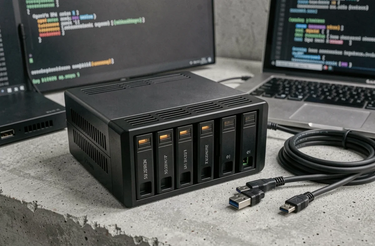 NAS compact avec câbles réseau et configuration OpenVPN affichée sur écran de fond