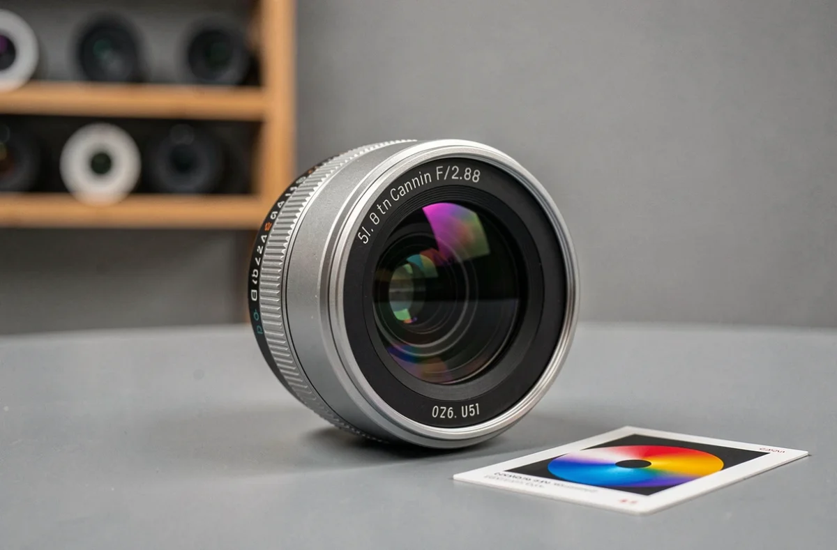 Objectif photo 50mm avec graduation d'ouverture f/2.8 visible sur la bague de l'objectif