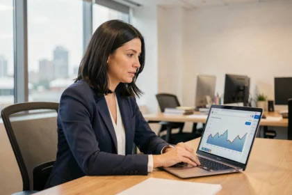 Femme professionnelle analysant les objectifs d'un site web sur un tableau de bord analytique dans un bureau moderne