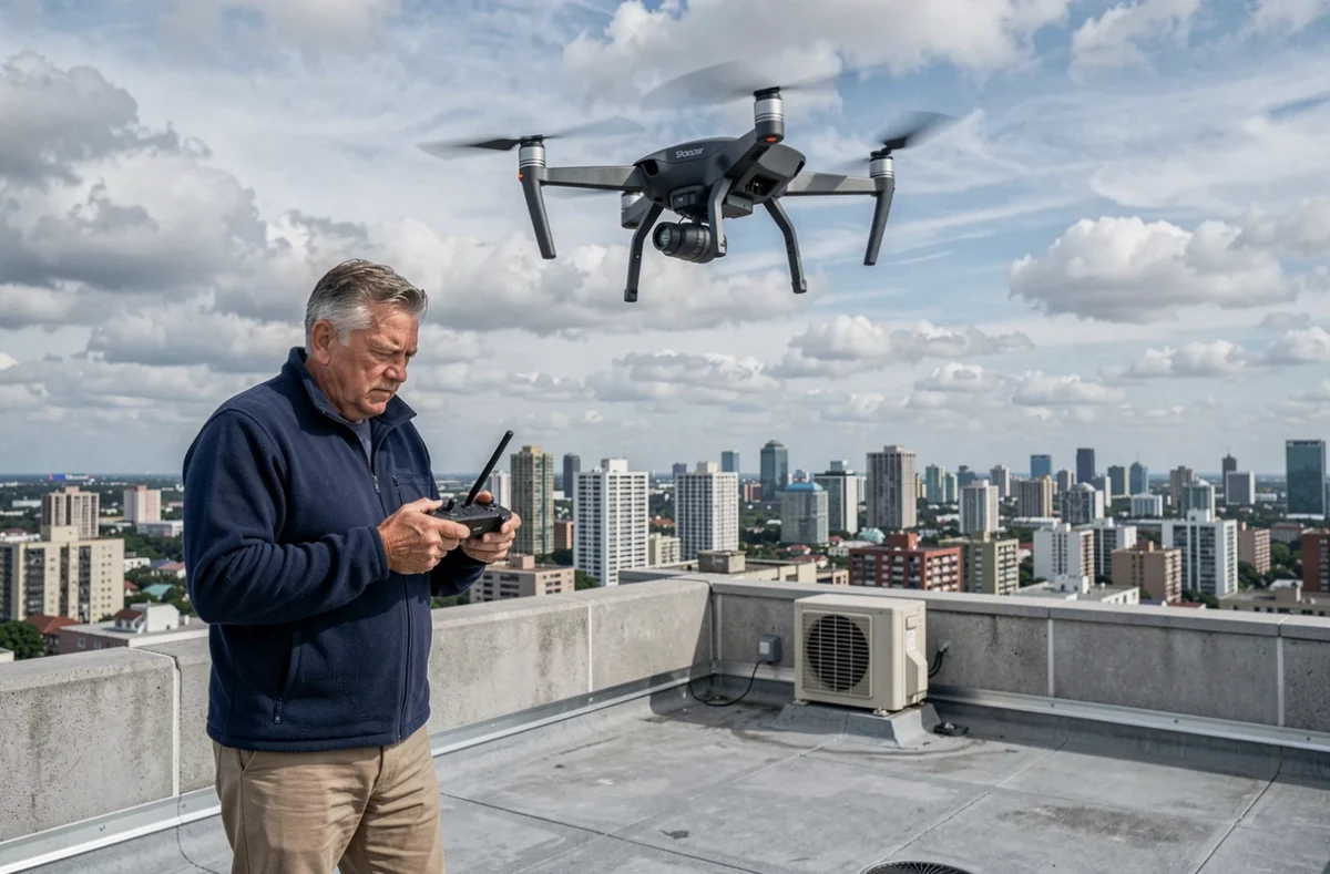 Opérateur de drone sur un toit urbain pilotant un quadricoptère professionnel au-dessus d'un paysage de ville, illustrant la photographie aérienne en milieu urbain