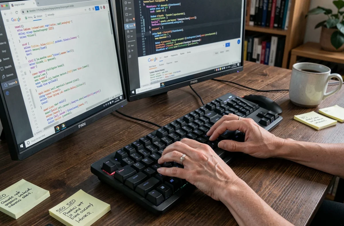 Mains de développeuse web travaillant sur l'optimisation technique SEO avec code HTML et résultats Google à l'écran
