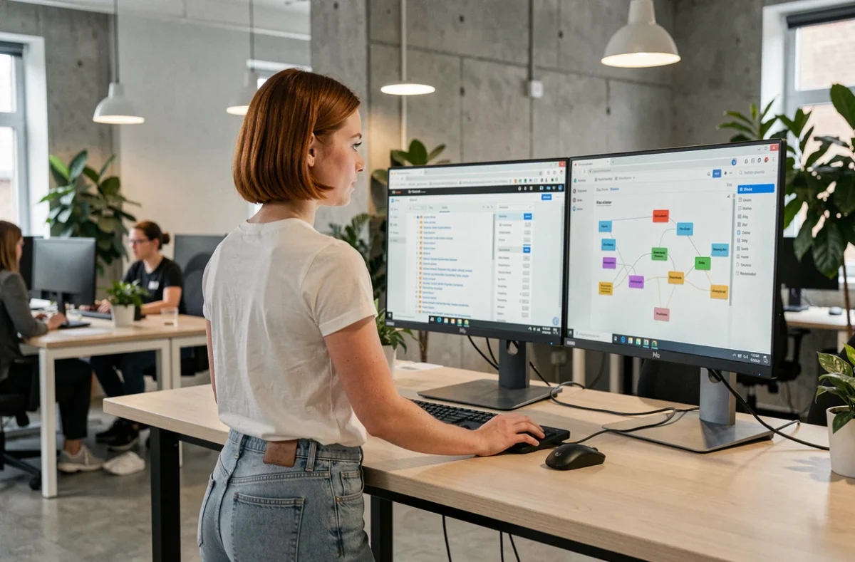 Une jeune femme utilise un outil de crawl pour cartographier toutes les URLs d'un site web dans un espace de coworking