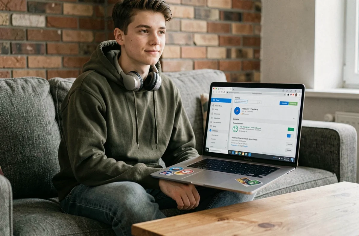 Jeune personne vérifiant les paramètres de sécurité TLS dans les options d'un navigateur web sur un canapé