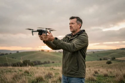 Photographe tenant un drone prêt à décoller dans un champ rural, illustrant l'utilisation d'un drone pour la photographie aérienne