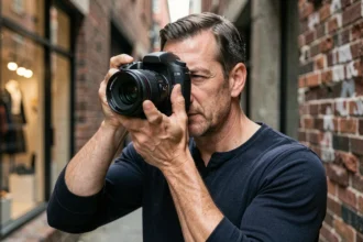 Photographe professionnel tenant un appareil photo reflex avec objectif f/2.8 en milieu urbain