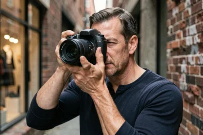 Photographe professionnel tenant un appareil photo reflex avec objectif f/2.8 en milieu urbain