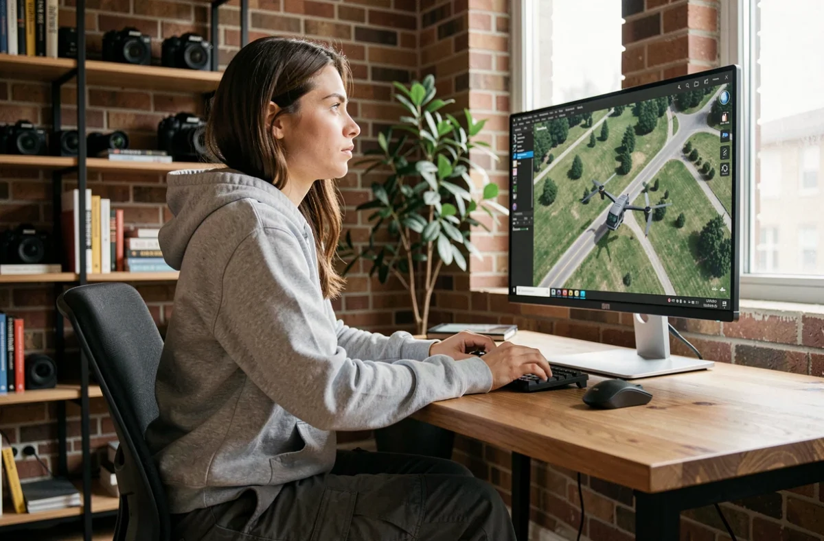 Photographe analysant des images aériennes prises par drone sur un écran dans un bureau moderne, montrant le processus de post-traitement