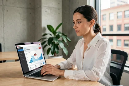 Professionnelle analysant les piliers du référencement naturel SEO sur un tableau de bord analytique en bureau moderne