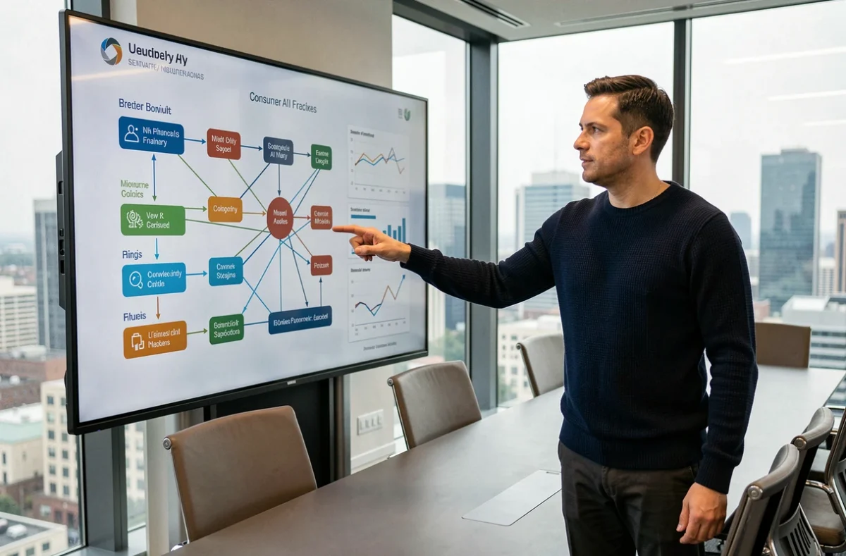Un professionnel présentant une stratégie de marketing basé sur l'IA devant un écran interactif en salle de conférence