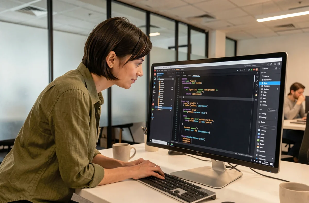 Femme prévisualisant le contenu d'un fichier dans un éditeur de code sur un grand écran dans un espace de bureau moderne