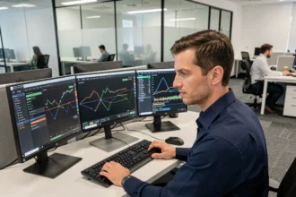 Professionnel en cybersécurité analysant des alertes de malware sur un poste de travail à double écran dans un bureau moderne