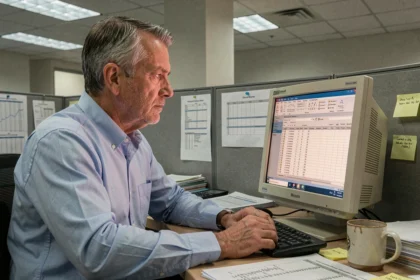 Professionnel informatique scrutant une interface Microsoft Access sur un vieux bureau d'entreprise, illustrant la question de l'obsolescence du logiciel