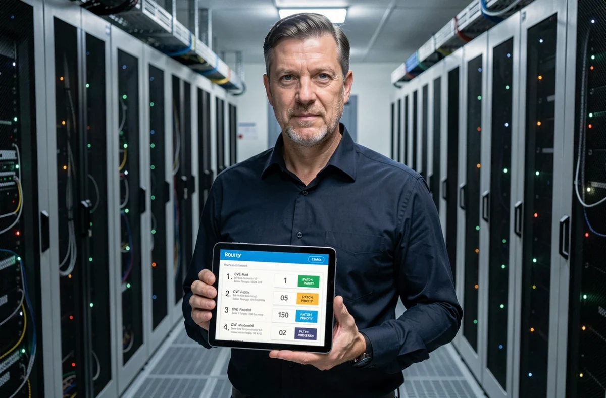 Professionnel de la sécurité informatique tenant une tablette avec un rapport de notes de sécurité dans une salle de serveurs