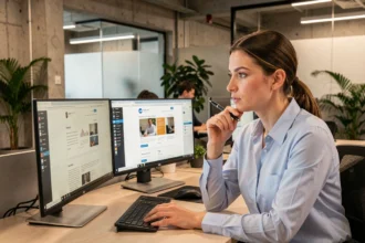Professionnelle en marketing digital analysant deux versions d'une page web sur des écrans doubles dans un bureau moderne pour un test A/B