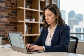 Une professionnelle du marketing digital analysant des données SEO sur un ordinateur portable dans un bureau moderne