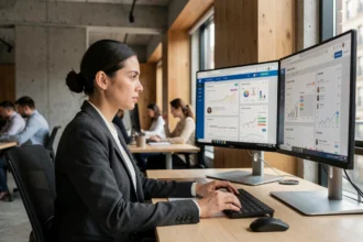Professionnelle analysant des données SEO et des suggestions générées par l'IA sur des écrans d'ordinateur dans un bureau moderne