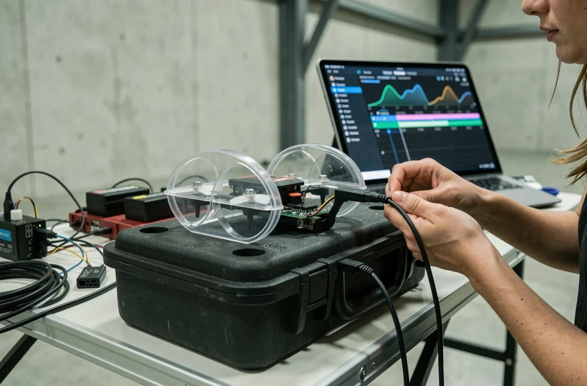 Ingénieure programmant un drone de spectacle connecté à une tablette avec logiciel de chorégraphie dans un hangar