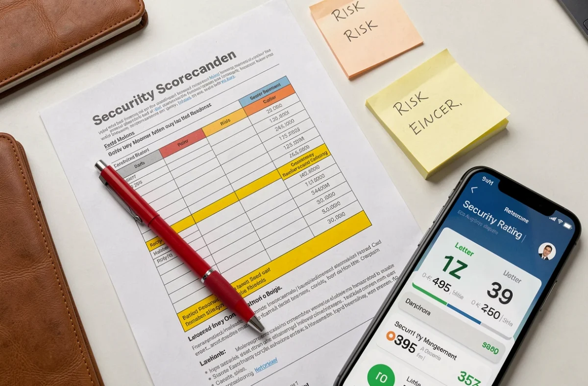 Vue aérienne d'un rapport de notes de sécurité imprimé avec annotations, stylo rouge et smartphone affichant des scores de vulnérabilité