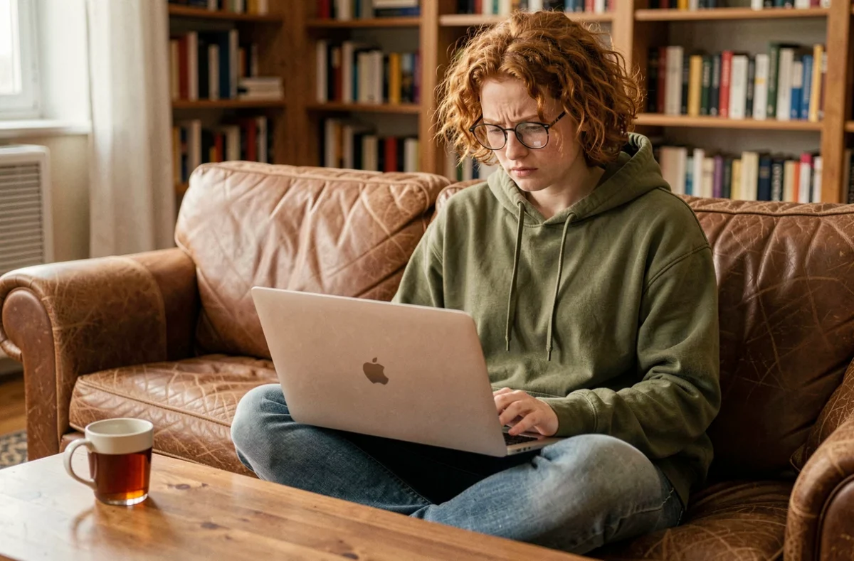 Jeune personne sur un canapé tentant de récupérer son mot de passe sur un MacBook
