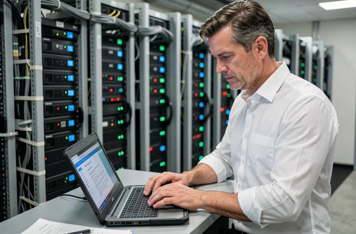 Responsable informatique rédigeant une politique de sécurité logicielle dans une salle de serveurs d'entreprise