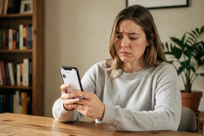 Femme utilisant l'application Timetree sur smartphone avec une expression interrogative, questionnant la sécurité et la confidentialité de l'application de calendrier partagé
