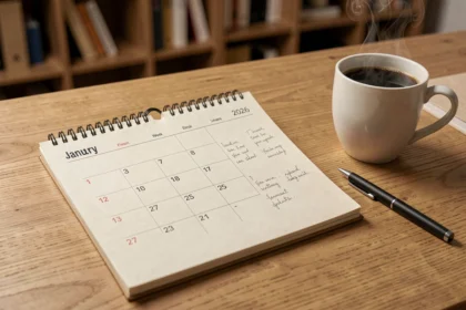 Agenda papier ouvert sur la première semaine de janvier 2026 posé sur un bureau en bois avec un café et un stylo