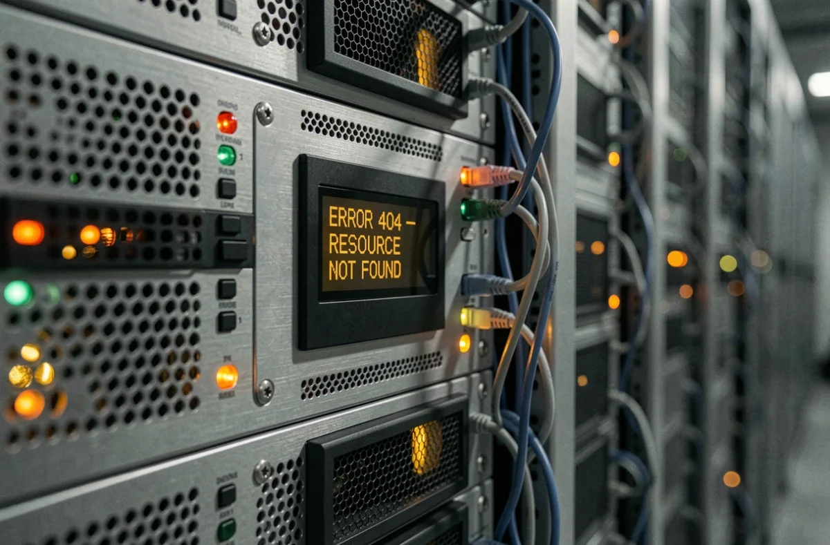 Panneau de serveur en datacenter affichant un message d'erreur 404 sur écran LCD embarqué