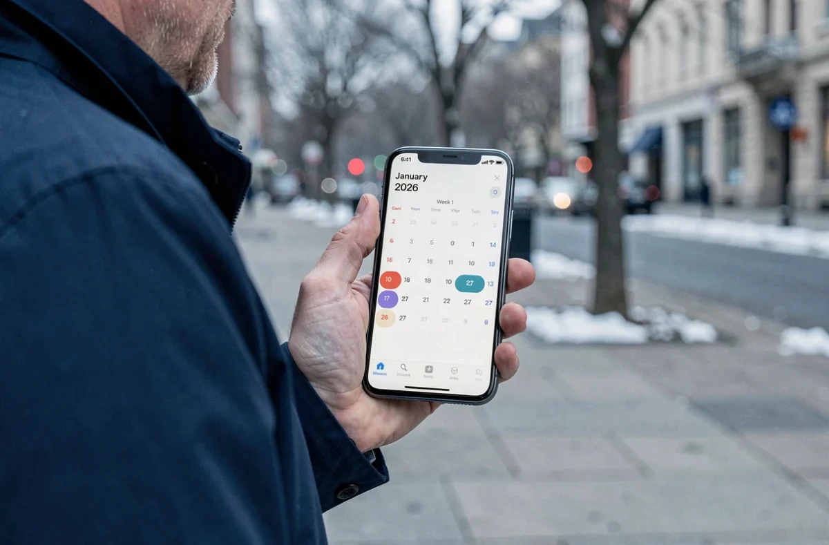 Homme tenant un smartphone affichant le calendrier numérique de la semaine 1 de janvier 2026 en plein air en hiver