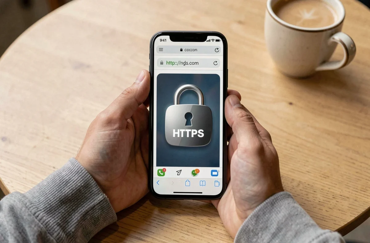 Gros plan d'un smartphone affichant une connexion HTTPS sécurisée dans un café