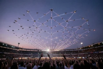 Spectacle de drones lumineux formant une constellation géométrique dans le ciel nocturne au-dessus d'un stade