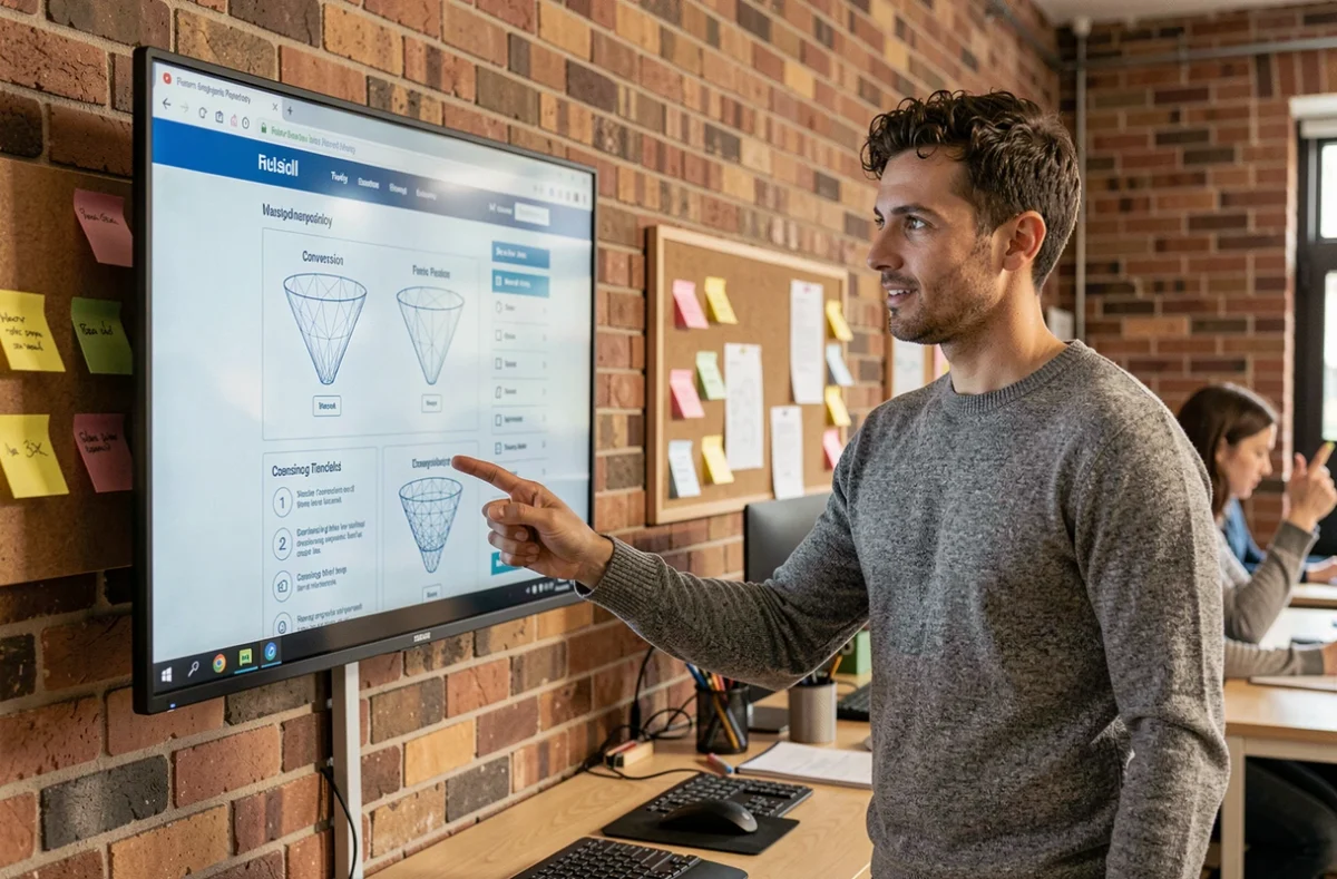 Développeur web expliquant la stratégie et les objectifs d'un site web devant un écran de wireframe dans un espace de travail collaboratif