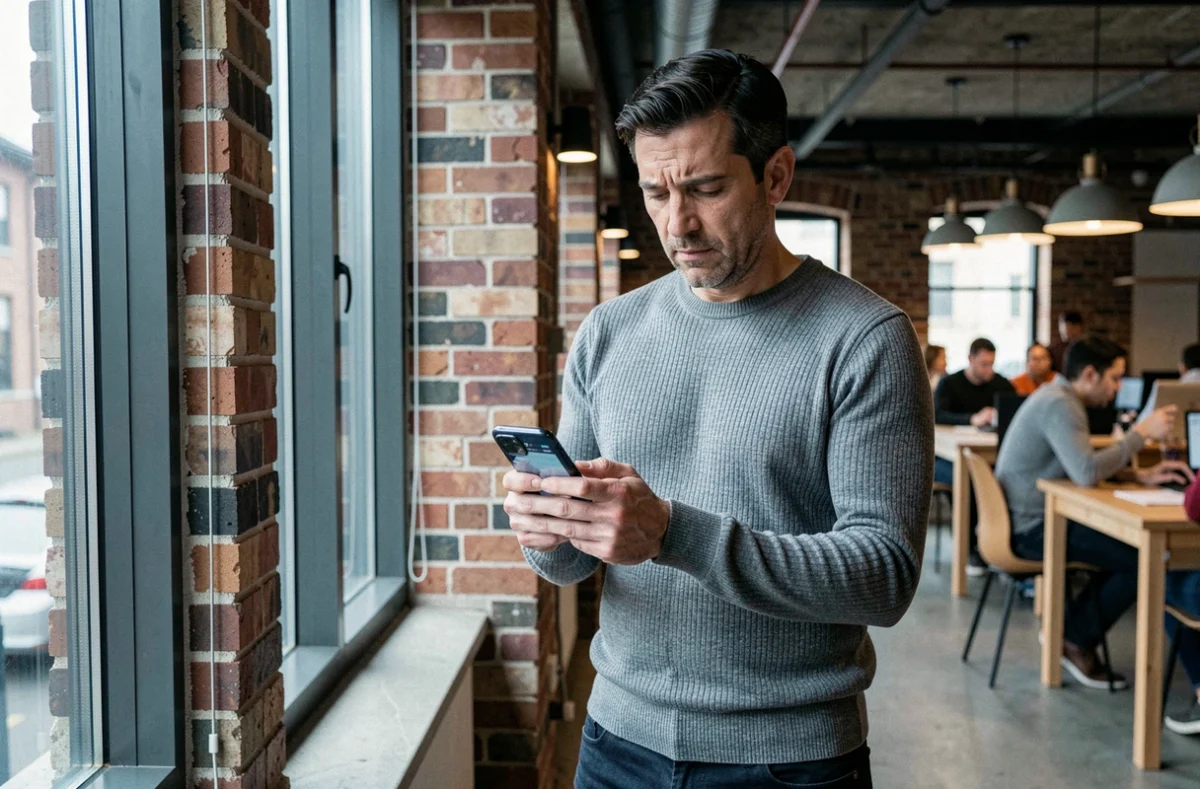 Homme consultant son smartphone pour surveiller sa réputation en ligne dans un espace de co-working