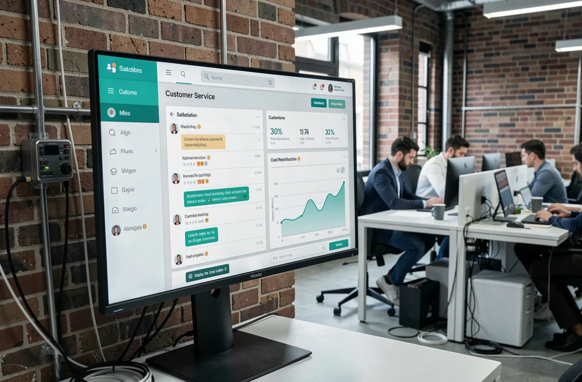 Tableau de bord d'un chatbot affichant des métriques de réduction des coûts du service client dans une startup technologique