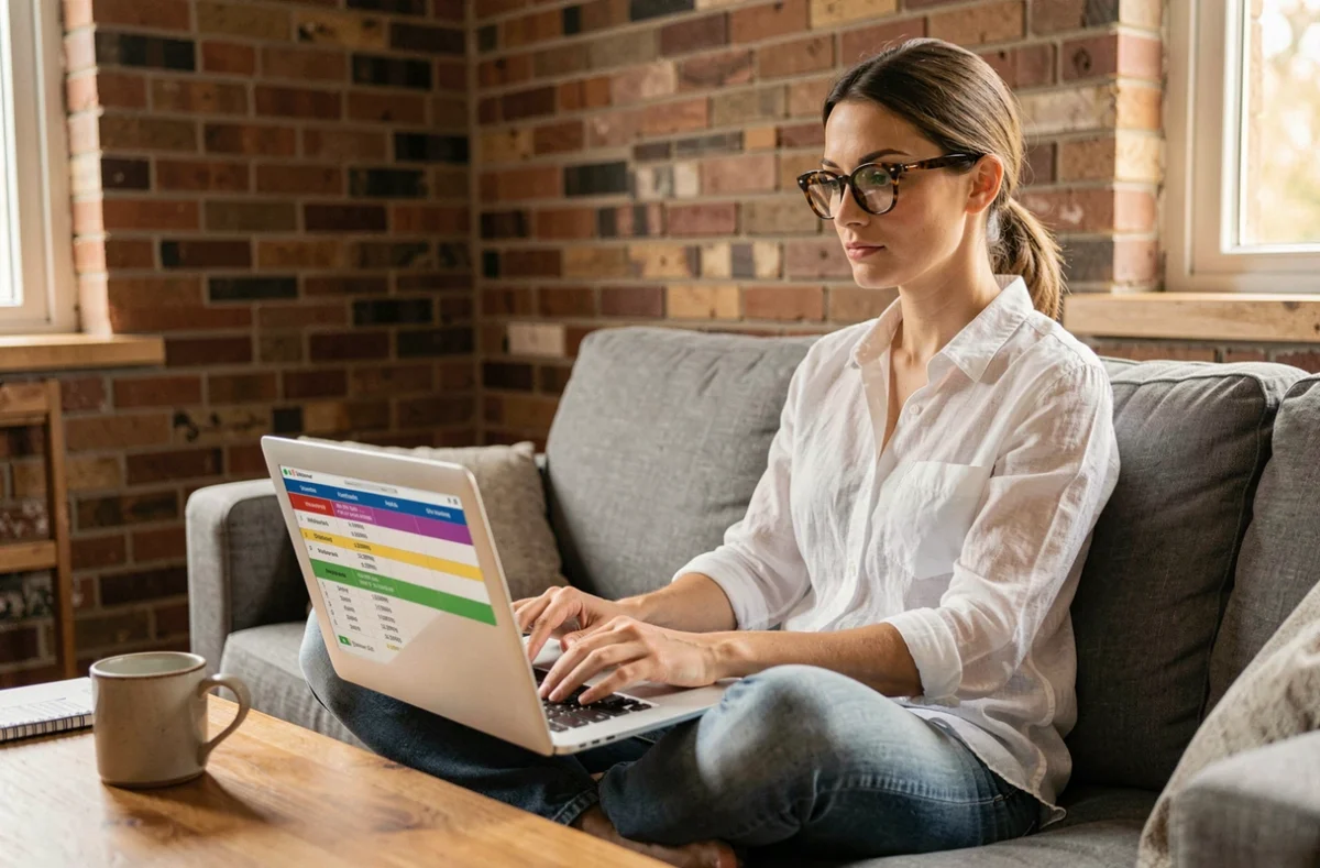 Jeune femme travaillant sur un tableau de suivi dans un tableur sur son ordinateur portable depuis son canapé
