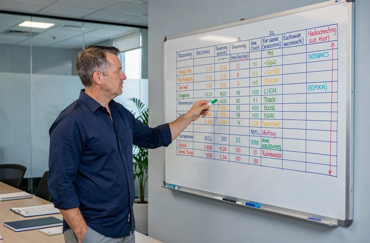 Homme présentant un tableau de suivi manuscrit sur tableau blanc dans une salle de réunion professionnelle