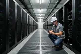 Technicien inspectant des serveurs dans un centre de données alimenté par des énergies renouvelables