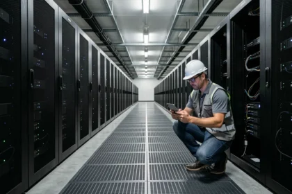 Technicien inspectant des serveurs dans un centre de données alimenté par des énergies renouvelables